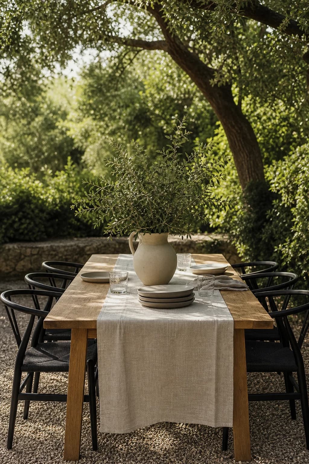Outdoor dining set laid for dinner in a green garden